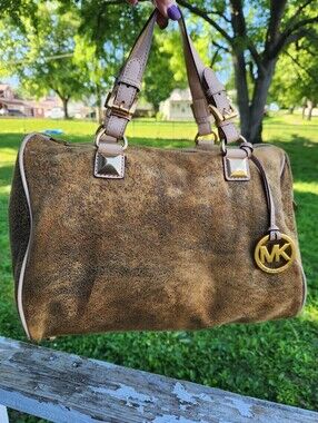 Vintage Michael Kors Edie Distressed Brown Leather Satchel with Gold MK Charm